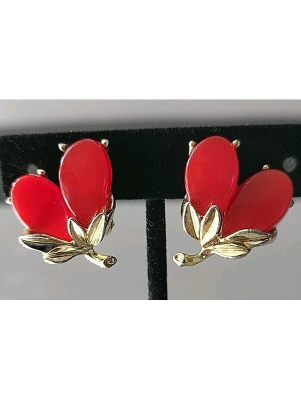 Vintage Clip-on Earrings LERU Golden Red Flowers Fruits w Leaves EUC O14